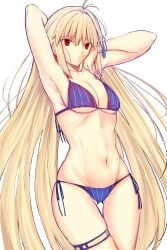 archetype_earth arcueid_brunestud arm_up armpit_focus armpits arms_behind_head arms_up bare_arms bare_shoulders bikini blonde_hair blue_bikini bracelet breasts collarbone female full_body hair_between_eyes highres iro_(sekaixiro) jewelry large_breasts long_hair looking_at_viewer navel presenting_armpit red_eyes simple_background solo swimsuit tsukihime type-moon white_background zhen_zu