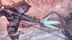 ahoge animal_ears bangs black_gloves black_legwear boots brown_eyes brown_hair clenched_teeth female gloves holding holding_weapon long_hair midriff multicolored_hair navel outdoors polearm scarf short_shorts shorts solo spear squchan_(vtuber) tail teeth thigh_strap thighhighs vyugen weapon