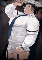 1boy 4boys abs absol_(dkqthf) balls_under_clothes bandaid bandaid_on_face bara beefy biceps big_breasts big_bulge black_eyes black_hair blurry_background bruise bruise_on_face bulge bulge_through_clothing business_suit crowded daddy dilf erect_nipples erect_nipples_under_clothes flaccid garter_straps gay genital_outline handles hi_res huge_breasts hunk jockstrap light_skin looking_at_viewer male male_breasts male_only manly maou_abusorun markings mature_male muscles muscular muscular_arms muscular_legs muscular_male muscular_thighs necktie neutral_expression oppai original original_character pale_skin pantsless pecs rope_marks sanpaku shaved_side short_hair small_pupils sock_garters spiky_hair standing straps suit thick thick_arms thick_thighs thigh_markings tough_guy train train_interior translucent_clothing triceps veiny_arms veiny_muscles wet_clothes white_shirt wrist_markings wristwatch yaoi