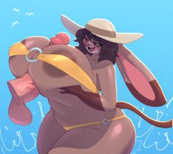 anthro areola balls big_breasts bigdad bikini blush breast_play breasts clothing disembodied_penis female genitals hat headgear headwear huge_breasts humanoid_genitalia humanoid_penis lagomorph leporid male mammal open_mouth open_smile penis rabbit sex smile solo sun_hat swimwear thick_thighs titfuck_under_clothes titjob two-piece_swimsuit wide_hips