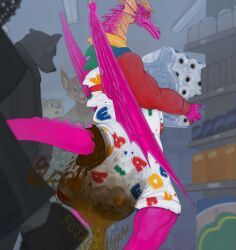 2025 accident anthro back_wings bodily_fluids clothing dragon feces feces_blowout genital_fluids group hi_res holding_object humiliation male mythological_creature mythological_scalie mythology nasty oblivious onesie onomatopoeia peeing pink_body pink_scales public public_humiliation pupils red_sclera scales scalie scat slit_pupils soiling solo solo_focus sound_effects stained_clothing stinkybuns store text toilet_paper urinating_while_defecating urine urine_stream wetting wings yellow_eyes
