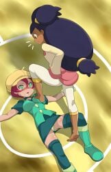 2012 2025 2girls aqua_eyes barefoot big_hair blush boots breasts brown_eyes cabbie_hat capri_pants choker dark-skinned_female dark_skin feet female femdom georgia_(pokemon) gloves green_boots green_panties hair_tie hat heart heart-shaped_pupils highres iris_(pokemon) leaning lolidom long_hair lying medium_breasts multiple_girls nintendo on_back orange_eyes panties pants pantyshot pencil_skirt pink_hair pokemon pokemon_(anime) pokemon_bw_(anime) purple_hair refuto short_hair skirt soles step_on_breasts stepped_on surprised sweatdrop symbol-shaped_pupils tears thighhighs two_side_up underwear yuri