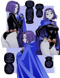 absurdres belt black_leotard blue_cloak cloak colored_skin dc_comics english_commentary female forehead_jewel grey_skin highres hood hooded_cloak leotard multiple_views nico-neko purple_eyes purple_hair raven_(dc) short_hair speech_bubble superhero_costume teen_titans teen_titans_(tv_series)