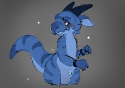 2025 animal_genitalia anthro balls big_tail biped blue_body blue_horn blush blush_lines bodily_fluids cheek_tuft claws countershade_tail countershade_torso countershading cuff_(restraint) digital_media_(artwork) eyebrows facial_tuft genital_fluids genitals horn kobold leaking_precum male open_mouth open_smile penis penis_tip precum raised_tail red_eyes restraints scalie shackles sheath simple_background smile solo star stripes tail truemew tuft