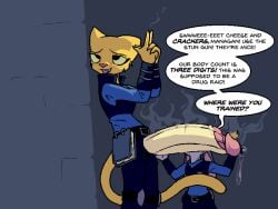 4:3 ahe_gao anthro belt_buckle big_penis blue_clothing blue_outfit blush bodily_fluids buckle circumcised clothed clothing covered_face dialogue disney duo english_text felid female finger_gun fur futanari general_proton genital_fluids genitals gesture grey_body grey_fur gynomorph half-closed_eyes hand_gesture hiding_behind_wall judy_hopps katia_managan khajiit knee_guards lagomorph leaking_precum leporid looking_pleasured mammal microsoft narrowed_eyes notebook penis penis_poking_out police police_uniform precum prequel_adventure rabbit raised_arm simple_background solo_focus steam tagme tail text the_elder_scrolls tongue tongue_out topwear uniform vest wrist_guards yellow_body yellow_fur zootopia