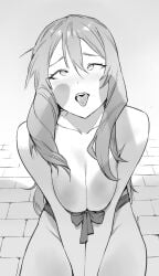 bra collarbone enpix female from_above hair_between_eyes highres looking_at_viewer open_mouth original panties penis_shadow sitting solo teeth tongue tongue_out underwear underwear_only upper_teeth_only