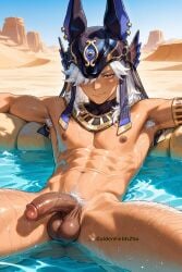 1boy ai_generated big_penis cyno_(genshin_impact) gay genshin_impact goldenfieldszho huge_cock male male_focus male_only muscular muscular_male penis pubic_hair yaoi