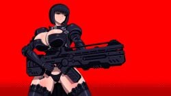1girls akiranime ankh bangs black_eyes black_hair black_legwear blunt_bangs bob_cut bouncing_breasts breasts busty cleavage cleavage_cutout cleopatra_(akiranime) female female_only gif gloves gun hips hourglass_figure huge_breasts lace lace-trimmed_thighhighs legs lingerie machine_gun narrow_waist original_character shooting short_hair solo thighhighs thighs trenchcoat underwear unzipped voluptuous weapon zipper zipper_pull_tab