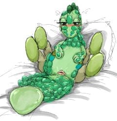 2025 4_legs 6_limbs animal_genitalia ass bed big_tail blush bodily_fluids cloaca digital_media_(artwork) dragon featureless_feet feet female feral fin furniture genitals green_body green_scales half-closed_eyes head_fin hi_res lying mitten_hands mythological_creature mythological_scalie mythology narrowed_eyes on_back on_bed pillow pink_cloaca presenting presenting_cloaca presenting_hindquarters scales scalie solo soup_dragon spread_legs spreading sweat tail the_clangers unknown_artist