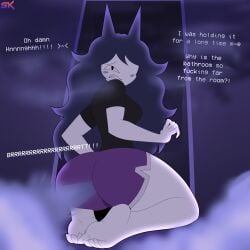 ass ass_focus big_ass big_butt black_shirt blush blushing_face butt_focus demon_girl dialogue fart fart_cloud fart_everywhere fart_fetish farting farts feet foot_focus fpe fundamental_paper_education kneeling miss_circle_(fundamental_paper_education) onomatopoeia purple_background purple_fart_cloud purple_shorts pussy round_ass round_butt samkeeydraws samkvevo worried