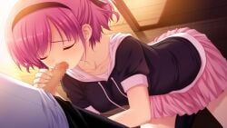 1boy black_bow black_hairband black_hoodie black_thighhighs blowjob bow breasts censored closed_eyes collarbone covered_nipples cowboy_shot dutch_angle erection fellatio female fingernails frilled_bow frills fumio_(ura_fmo) furrowed_brow game_cg grisaia_(series) grisaia_no_kajitsu hairband hairbow handjob highres hood hoodie kazami_yuuji kneeling komine_sachi leaning_forward light_blush light_rays long_eyelashes long_fingernails male medium_breasts miniskirt mosaic_censoring non-web_source oral out_of_frame penis pink_hair pink_skirt pleated_skirt pov raised_inner_eyebrows shirt short_hair short_sleeves sidelocks skirt sunbeam sunlight swept_bangs thick_eyelashes thighhighs thighs three_quarter_view two_side_up white_shirt