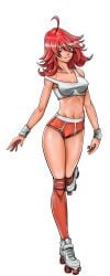 ahoge alana_(hentai_heroes) blue_eyes breasts cg cleavage collarbone crop_top female full_body green_background hair_between_eyes hentai_heroes kinkoid long_hair looking_at_viewer medium_breasts midriff navel official_art panty_anarchy parody red_hair red_shorts rollerskating_alana_(hentai_heroes) shoes short_hair short_shorts shorts simple_background smile sneakers solo sports_bra standing sweatband thighhighs thighs white_footwear wristband