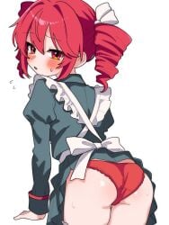 1girls 2d 2d_(artwork) artist_request ass ass_focus blush dress dress_lift female female_only hairbow kasane_teto looking_at_viewer looking_back maid maid_dress maid_uniform panties red_eyes red_hair red_panties solo solo_female sweat sweating thick_thighs thighs twin_drills underwear utau white_background