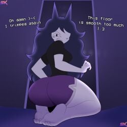 ass ass_focus big_ass big_butt black_shirt blush blushing_face butt_focus demon_girl dialogue feet foot_focus fpe fundamental_paper_education kneeling miss_circle_(fundamental_paper_education) purple_background purple_shorts pussy round_ass round_butt samkeeydraws samkvevo
