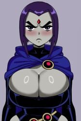 1girls big_breasts blush blushing_at_viewer bob_cut bodysuit breasts cleavage coldarsenal dc dc_comics female gem gem_on_forehead goth_girl grey_skin huge_breasts looking_at_viewer penis raven_(dc) short_hair solo solo_female teen_titans thick
