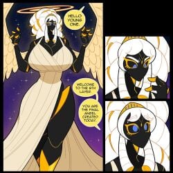 1girls angel big_breasts black_body cleavage comic female female_only idolomantises monsters_and_girls solo tagme text text_bubble white_hair