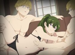 2boys artist_name bikini bikini_bottom_aside black_bikini blonde_hair breasts censored clone clone_harem clothing_aside commentary couch eufoniuz female grabbing_another's_breast green_hair groping group_sex handjob highres indoors jitome land_(sousou_no_frieren) leg_grab long_hair looking_at_another male medium_breasts mmf_threesome mosaic_censoring multiple_boys muntins navel paid_reward_available parted_lips profile purple_eyes pussy rectangular_eyewear revision sex side-tie_bikini_bottom side_ponytail smile sousou_no_frieren spread_legs straight subscribestar_logo subscribestar_username swimsuit thighs threesome ubel_(sousou_no_frieren) vaginal_penetration window