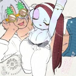 1boy 1girls alternate_breast_size big_breasts bra canon_couple closed_eyes female female_focus gegege_no_kitarou hairband huge_breasts husband_and_wife iwako_(gegege_no_kitarou) jewelry kitarou_tanjou_gegege_no_nazo larger_male long_hair machiyaenisi male married_couple medama_oyaji_(human) minigirl pale-skinned_female pale_skin ponytail red_hair see-through_clothing shortstack size_difference smaller_female smile sunglasses thick_thighs tied_shirt wholesome wide_hips youkai