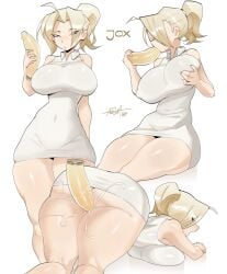 anor3xia big_ass big_breasts blonde_hair blowjob different_angle dildo dildo_in_pussy dildo_insertion masturbation original original_character solo_female thick_thighs white_background white_dress