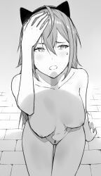 animal_ear_hairband animal_ears breasts cat_ear_hairband cat_ears collarbone completely_nude enpix fake_animal_ears female female_pubic_hair from_above hairband hand_on_own_head highres large_breasts long_hair looking_at_viewer nipples nude original penis_shadow pubic_hair sitting solo thighs