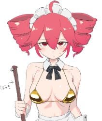 1girls 2d 2d_(artwork) ahoge big_breasts bikini blush breasts detached_collar detached_cuffs embarrassed embarrassed_female exposed_midriff female female_focus gold_bikini golden_bikini golden_week kasane_teto large_breasts lycorisanguine maid maid_headdress midriff red_eyes red_hair solo solo_female twin_drills utau white_background
