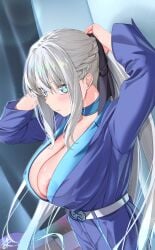 absurdres areola_slip black_bow blue_eyes blush bow braid breasts center_opening curvy dress fate/grand_order fate_(series) female grey_hair hair_between_eyes hairbow half_up_braid highres huge_breasts jewelry large_breasts long_hair looking_at_viewer morgan_le_fay_(fate) necklace nipples ponytail puffy_nipples purple_dress sidelocks solo two-tone_dress urato_hotaru very_long_hair