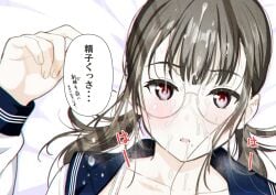 after_sex blush bra_strap brown_hair collarbone cum cum_in_mouth cum_on_body cum_on_eyewear cum_on_hair facial female glasses highres long_hair looking_at_viewer low_twintails moonsorrow open_mouth original red_eyes sailor sailor_collar school_uniform serafuku speech_bubble twintails