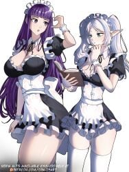2girls bare_arms bare_shoulders big_breasts clothed clothing color elf_ears female female_focus female_only fern_(sousou_no_frieren) frieren frieren_beyond_journey's_end hi_res large_breasts light-skinned_female light_skin long_hair looking_at_viewer maid maid_outfit maid_uniform opalisart purple_hair solo_female sousou_no_frieren tagme thick_thighs white_hair
