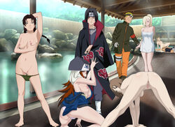 3boys 5girls akatsuki anus ass black_hair blonde_hair blush breasts brown_hair fellatio hand_on_ass hand_on_breast hot_springs ino_yamanaka kakuzu matsuri_(naruto) mei_terumi naruto naruto_shippuden nude oral panties panties_down penis pussy saliva sex smile tenten tsunade uchiha_itachi uzumaki_naruto