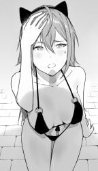 animal_ear_hairband animal_ears bikini black_bikini breasts cat_ear_hairband cat_ears collarbone enpix fake_animal_ears female from_above hairband hand_on_own_head highres long_hair looking_at_viewer medium_breasts original penis_shadow sitting solo swimsuit thighs