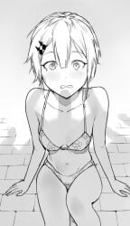 breasts collarbone enpix female from_above hair_between_eyes highres looking_at_viewer navel original penis_shadow short_hair sitting small_breasts solo stomach