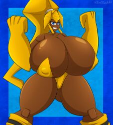1girls big_breasts big_hands blonde_hair blonde_hair_female boots breasts dark-skinned_female dark_skin female_only gloves huge_boobs huge_breasts huge_hands leotard long_hair long_hair_female razor_(character) razor_(robopon) robopon robot robot_girl robot_humanoid solo solo_female solo_focus tagme ultrazeta120
