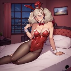 1girls ai_assisted ai_generated ann_takamaki bed bedroom bedroom_eyes big_breasts blonde_female blonde_hair blue_eyes blush breasts bunny_ears bunnysuit cymballnsfw eye_contact female hourglass_figure inviting_to_sex laying_on_bed looking_at_viewer megami_tensei persona persona_5 red_bunnysuit shin_megami_tensei solo