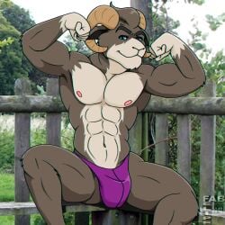 1:1 2018 2_horns abs anthro biceps bighorn_sheep blue_eyes bovid brown_body brown_fur brown_hair bulge caprine closed_smile clothed clothing digital_media_(artwork) eyebrows fabfelipe flexing flexing_bicep flexing_both_biceps fur fur_markings gloves_(marking) hair hi_res horn looking_at_viewer male mammal markings mouth_closed multicolored_body multicolored_fur muscular muscular_anthro muscular_male navel nipples pink_nipples purple_clothing purple_thong purple_underwear sheep sitting smile solo thong thong_only topless topless_anthro topless_male two_tone_body two_tone_fur underwear underwear_only white_body white_fur