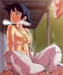 2d athletic athletic_female breasts breasts_out busty female female_focus female_only hourglass_figure karate_gi makoto_(street_fighter) medium_breasts ribs satsuyo scarf sitting street_fighter sweat tagme tomboy wide_hips