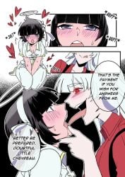 azazel_(helltaker) baphomet blush bob_cut halo helltaker licking_lips long_hair long_tongue orgasm orgasm_face red_eyes white_hair yuri yuri