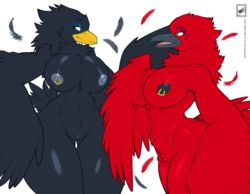 anthro avian beak big_breasts bird breasts cardinal_(bird) chest_tuft corvid crow duo female jewelry nipple_piercing nipples nude open_mouth piercing pussy smile standing thick_thighs tuft walter_sache wsache2020