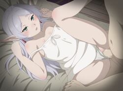1boy bed_sheet blush censored clothed_female_nude_male clothed_sex clothing_aside commentary earrings elf eufoniuz female frieren green_eyes grey_hair highres jewelry long_hair lying male missionary mosaic_censoring nude on_back open_mouth panties panties_aside parted_bangs patreon_username penis pointy_ears pussy revision sex short_eyebrows solo_focus sousou_no_frieren straight sweat tank_top underwear vaginal_penetration white_panties white_tank_top