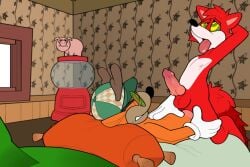anal anal_sex animal_genitalia animal_penis anthro aroused balls bed bedroom canid canine canine_genitalia canine_penis clothing cowgirl_position deer duo estate eyewear female fox from_front_position fur furniture genitals glasses hairlessboyblunder hat headgear headwear hi_res horn hypnosis hypnotic_eyes hypnotize male male/male mammal mind_control nude nude_male on_bottom on_top orange_body orange_fur oswald_cuddlenugget penetration penis piggy_bank red_body sex tongue tongue_out toontown toontown_corporate_clash toontown_online toontown_rewritten toony