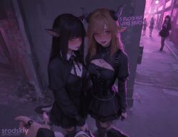 2girls ai_generated anthro bitch choker female female_focus goth goth_girl gothic_girl hentai makeup mature_female multiple_girls night original_character outdoors pov prostitute prostitution sexy slutty_clothes slutty_face slutty_pose srodskiy tagme vulgar