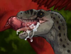 ambiguous_feral ambiguous_gender bodily_fluids cum cum_in_mouth cum_inside cum_on_tongue cum_string daerevmiir dinosaur dromaeosaurid duo erection erganyfox feathered_dinosaur feathered_scalie feathers fellatio feral genital_fluids genitals hi_res jurassic_park male male/ambiguous oral penile penis prehistoric_species reptile saliva scalie sex sharp_teeth teeth theropod tongue universal_studios velociraptor velociraptor_(jurassic_park_3)