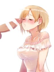 aiba_yumi bar_censor bare_shoulders blonde_hair blush casino_(casinoep) censored closed_eyes commentary_request cum cum_in_mouth dress facial female frilled_dress frills idolmaster idolmaster_cinderella_girls penis short_hair simple_background solo_focus white_background white_dress