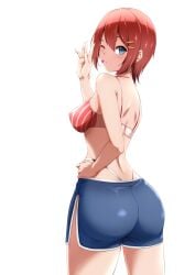 1girls ass ass_focus big_ass bikini blue_shorts brown_hair burique eiyuu_densetsu hand_on_hip heart kissing looking_at_viewer looking_back noel_seeker red_hair shorts solo the_legend_of_heroes waving wink