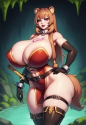 1girls adapted_costume ai_generated animal_ears areola bare_shoulders belt bimbo bimbo_body bimbo_lips bimbofication bimbofied breasts breasts_bigger_than_head cave chest_tattoo collar cross-laced_clothes cuffs dress elbow_gloves eyeshadow female gigantic_breasts hand_on_hip huge_ass huge_breasts katana lipstick massive_breasts metal_collar metal_cuffs moss navel navel_cutout novelai pelvic_curtain pond raccoon_ears raccoon_girl raphtalia sheathed sheathed_weapon solo solo_female strapless sword tail tate_no_yuusha_no_nariagari tattoo tgm101_(artist) the_rising_of_the_shield_hero thick_lips thick_thighs thigh_boots thigh_strap thin_waist weapon wide_hips wrist_cuffs