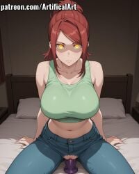 1girls ai_generated artifical_art big_breasts blue_pants blush clitoris dildo dildo_in_pussy enen_no_shouboutai female_masturbation fire_force jeans light-skinned_female light_skin lisa_isaribi long_hair masturbation orange_eyes perfect_body ponytail pussy pussy_juice red_hair riding riding_dildo sex_toy solo spread_legs tied_hair torn_pants vaginal_masturbation voluptuous_female
