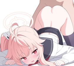 1boy absurdres ahoge black_sailor_collar black_skirt black_thighhighs blue_archive blush bright_pupils clothed_female_nude_male commentary_request doggy_style female hair_intakes halo highres jyt long_hair natsu_(blue_archive) nude open_mouth paid_reward_available pink_eyes pink_hair pink_halo sailor_collar shirt side_ponytail skirt straight thighhighs top-down_bottom-up white_pupils white_shirt