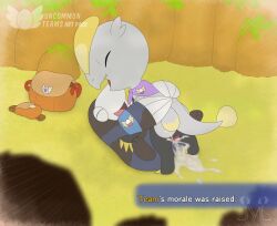 absurd_res badge bag blue_body blue_fur bodily_fluids claws cum cum_in_pussy cum_inside dark_body dark_fur dark_scales drilbur duo english_text excessive_cum excessive_genital_fluids fan_character female feral fur gameplay_mechanics generation_5_pokemon generation_7_pokemon genital_fluids grey_body grey_scales hi_res jangmo-o jm-luxro leaking_cum male male/female male_on_top nintendo on_top pokemon pokemon_(species) pokemon_mystery_dungeon scales scarf slit_penis spike_chunsoft text