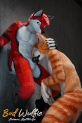 2:3 3d_(artwork) 5_fingers absurd_res alley anthro balls biped black_nose blender_(artwork) blender_cycles blue_eyes canid canine canis city claws digital_media_(artwork) digitigrade domestic_cat duo felid feline felis fellatio fingers fluffy fur genitals gloves_(marking) hair hi_res male male/male male_anthro mammal markings milo_(red_wulfie) nude oral orange_body orange_fur orange_stripes outside outside_sex pawpads paws penile penis public public_exposure public_nudity public_sex realistic red_(red_wulfie) red_body red_fur red_wulfie semi_public sex sign storage_container street striped_body striped_fur striped_markings stripes tabby_cat watermark whiskers white_body white_fur white_whiskers wolf