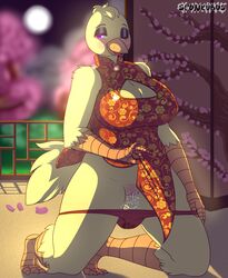 anthro avian big_breasts bird blush breasts chica_(fnaf) chicken chinese_clothing chinese_dress cleavage clothed clothing dress female five_nights_at_freddy's hi_res keyhole_turtleneck non-mammal_breasts panties presenting pussy pussy_juice solo spunkubus sweater underwear video_games year_of_the_rooster