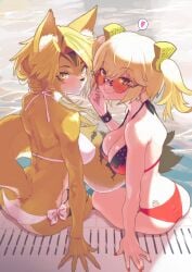 2girls alternate_costume animal_ear_fluff animal_ears ass bare_back bare_shoulders bikini black-framed_eyewear black_bikini blonde_hair body_fur bow breasts burnice_white cleavage closed_mouth commentary_request covered_nipples fingernails flame_print from_behind furry furry_female hand_in_own_hair hand_up heart highres large_breasts long_hair looking_at_viewer looking_back mazarimon multiple_girls nail_polish o-ring o-ring_bottom orange-tinted_eyewear orange_eyes pink_bow pool poolside pulchra_fellini red_bikini red_nails serval side-tie_bikini_bottom sitting smile soaking_feet speech_bubble spiked_wristband spoken_heart sunglasses swimsuit tail tinted_eyewear twintails water white_bikini yellow_eyes yellow_fur zenless_zone_zero